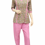 Uniform Set – Floral Print Green and Pink V-neckline -FZ115