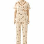 Nightwear Women’s Floral Print Pajama Set Cream Beige with Peach Floral Print FZ-173