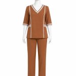 Women's Uniform Set V-Neck Contrast Trim Camel Brown FZ-186